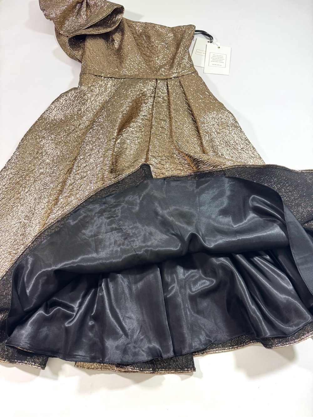 New Mac Duggal Gold One Shoulder Bow Midi Dress With Pockets - Picture 8 of 11